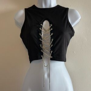 Black Rhinestone “Lace Up” Cropped Tank
